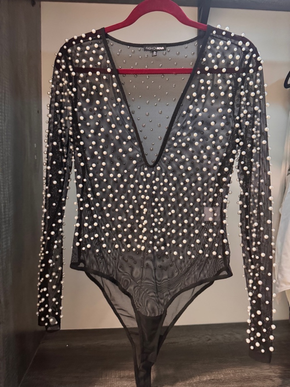 Fashion Nova Black Mesh Pearl-Studded Long-Sleeve Bodysuit